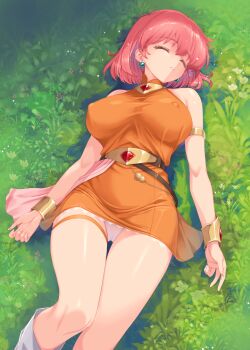 Rule 34 | 1girl, armlet, bare shoulders, belt, breasts, covered erect nipples, dress, final fantasy, final fantasy v, from above, gold armlet, gold bracer, jewelry, kirishima satoshi, large breasts, lenna charlotte tycoon, lying, on back, orange dress, panties, pink hair, short hair, thigh strap, unconscious, underwear, white panties