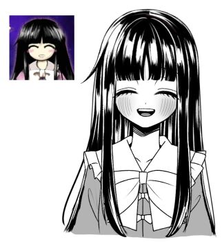 Rule 34 | 1girl, blush, bow, collarbone, facing viewer, greyscale, hime cut, houraisan kaguya, japanese clothes, kimono, long hair, long sidelocks, monochrome, open mouth, photo-referenced, sidelocks, simple background, smile, solo, tamiko (tamik0224), teeth, tongue, touhou, upper teeth only, white background