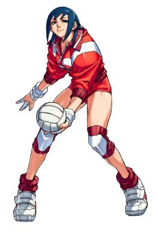 Rule 34 | 1girl, absurdres, ayuhara natsu, bandaged fingers, bandages, blue eyes, blue hair, boots, edaki shin'ya, game cg, highres, jacket, justice gakuen, knee pads, moero! justice gakuen, non-web source, official art, red jacket, red shorts, short hair, shorts, simple background, smile, solo, thighs, track jacket, volleyball, white background, white boots