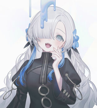 Rule 34 | 1girl, black dress, blue eyes, blue hair, blush, commentary request, dress, dripping, flower, grey hair, hair flower, hair ornament, hair over one eye, highres, isekaijoucho, kamitsubaki studio, long hair, looking at viewer, multicolored hair, open mouth, smile, solo, suiri (suiri 02), two-tone hair, upper body