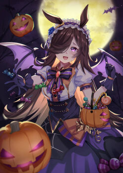 1girl :d animal_ears bat_(animal) bat_wings blue_flower blue_rose brown_hair calder_(pixiv3698273) candy commentary_request fang flower food frilled_skirt frills full_moon gloves hair_over_one_eye hairband halloween_costume highres horse_ears horse_girl jack-o'-lantern lollipop long_hair looking_at_viewer moon night official_alternate_costume open_mouth puffy_short_sleeves puffy_sleeves purple_eyes purple_wings rice_shower_(umamusume) rice_shower_(vampire_makeover!)_(umamusume) rose shirt short_sleeves skin_fang skirt smile solo umamusume white_shirt wings