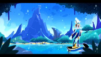 1girl blue_bow blue_sky bow cliff cloud commentary dark-skinned_female dark_skin day english_commentary ffluvy from_behind genshin_impact grass highres lake letterboxed male_focus moon mountain mountainous_horizon mualani_(genshin_impact) nature on_animal outdoors rock scenery shark sky solo sparkle standing star_(sky) star_(symbol) tree water white_hair wide_shot