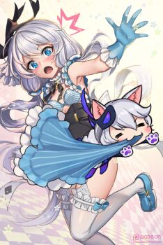 Rule 34 | 2girls, :3, animal ears, armpits, asymmetrical gloves, bad id, bad pixiv id, blue eyes, blue gloves, blue shoes, bra, breasts, cat ears, cat girl, closed eyes, closed mouth, dress, gloves, hair between eyes, hair ribbon, honkai (series), honkai impact 3rd, kallen kaslana, kallen kaslana (sixth serenade), long hair, looking at viewer, mask, mask on head, mismatched gloves, multiple girls, myurumyuru, open mouth, ribbon, shoes, small breasts, solo, strapless, strapless bra, striped bra, striped clothes, surprised, theresa apocalypse, theresa apocalypse (violet executer), theresa apocalypse (wonderland trek), thighhighs, twintails, underwear, white gloves, white hair, white thighhighs