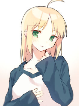 Rule 34 | 1girl, ahoge, alternate costume, artoria pendragon (fate), blonde hair, commentary request, dun dudu, fate/stay night, fate (series), green eyes, long sleeves, raglan sleeves, saber (fate), sidelocks, simple background, solo, white background