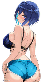 Rule 34 | 1girl, blue bra, blue eyes, blue hair, blush, bra, breasts, closed mouth, commentary request, dolphin shorts, dolphin wave, grabbing own ass, highres, large breasts, looking at viewer, looking back, shiny skin, short hair, shorts, simple background, smile, solo, standing, strap gap, taraba (redkingtaraba), tojou michiru, twitter username, underwear, white background
