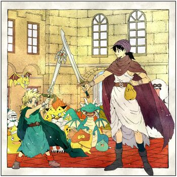 2boys back belt black_hair blonde_hair blue_eyes blue_tunic boots borongo bracelet brownie_(dragon_quest) cape child cloak closed_mouth commentary_request dragon_quest dragon_quest_v father_and_son full_body great_sabrecub hero&#039;s_son_(dq5) hero_(dq5) highres holding holding_sword holding_weapon jewelry long_hair looking_at_another low_ponytail multiple_boys open_mouth ponytail purple_cape purple_cloak purple_turban slime_(dragon_quest) slime_knight small_fry_(dragon_quest) spiked_hair sword toriga tunic walking weapon white_tunic