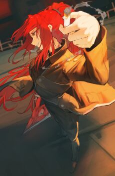 1girl absurdres arm_up black_shirt brown_jacket cigarette commentary curtained_hair e.g.o_(project_moon) english_commentary floating_hair from_side full_body gebura_(project_moon) gerxest gloves hair_over_shoulder high_ponytail highres holding holding_cigarette holding_weapon jacket kali_(project_moon) library_of_ruina lobotomy_corporation mimicry_(e.g.o) orange_eyes outdoors planted planted_sword planted_weapon ponytail popped_collar project_moon red_hair road shirt smile solo street sword weapon