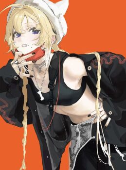 ahoge black_jacket black_nails black_sports_bra blonde_hair blue_eyes bone chain character_request commentary copyright_request fingernails hair_intakes hair_ornament hat jacket jewelry lal!role mask middle_ring midriff mouth_mask nail_polish necklace orange_background parted_lips pinky_ring ring simple_background single_bare_shoulder sports_bra teeth white_hat