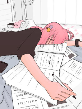 1girl black_shirt bocchi_the_rock! cellphone commentary_request cube_hair_ornament gotoh_hitori gotoh_hitori_(tsuchinoko) hair_ornament highres holding holding_pen long_hair lying mentos_pepsi notebook on_stomach pen phone pink_hair shirt sleeping smartphone watch wristwatch