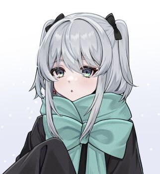 1girl black_bow black_jacket blush bow commentary earrings green_eyes green_scarf grey_hair hair_bow hashtag-only_commentary heart heart_in_eye highres indie_virtual_youtuber jacket jewelry nekomugi_tororo open_mouth scarf sleeves_past_fingers sleeves_past_wrists solo symbol_in_eye two_side_up virtual_youtuber white_background ziu