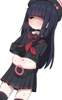 1girl beret black_choker black_hair black_hat black_sailor_collar black_serafuku black_skirt black_thighhighs blue_archive choker cowboy_shot halo hat highres justice_task_force_member_(blue_archive) lakilolom loli long_hair long_sleeves navel neckerchief pleated_skirt pregnancy_halo pregnant red_eyes red_halo red_neckerchief sailor_collar school_uniform serafuku simple_background skirt solo thighhighs white_background