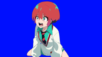 Rule 34 | 1girl, amate yuzuriha, black necktie, blue background, blue shirt, blue skirt, cardigan, collared shirt, commentary request, fuka (kantoku), full body, green eyes, gundam, gundam gquuuuuux, highres, looking afar, manatsu no yo no inmu, miniskirt, necktie, open mouth, red hair, red necktie, shirt, short hair, simple background, sitting, skirt, solo, striped necktie, surprised, takuya (acceed), teeth, undercut, wariza, white cardigan