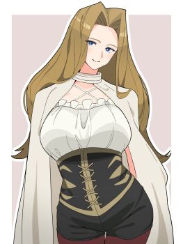 1girl black_corset blue_eyes breasts brown_hair commentary_request corset highres large_breasts leggings long_hair looking_at_viewer methode_(sousou_no_frieren) noyama_takenoko red_leggings simple_background smile sousou_no_frieren thighs