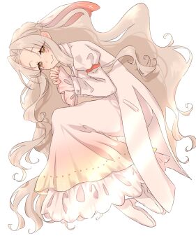 1girl blonde_hair boots brown_eyes commentary curtained_hair dress frilled_dress frilled_sleeves frills high_heel_boots high_heels highres jiai_chiyu juliet_sleeves kikka_1003 kimi_no_koto_ga_dai_dai_dai_dai_daisuki_na_100-nin_no_kanojo long_hair long_sleeves looking_at_viewer own_hands_clasped own_hands_together puffy_sleeves simple_background smile solo veil very_long_hair white_background white_boots