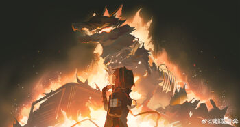 1girl absurdres animal_ear_hood arknights artist_name commentary crownslayer_(arknights) dopperu_ben elbow_gloves fake_animal_ears fingerless_gloves fire from_side gloves hair_ornament hairclip highres hood hooded_jacket hyena_ears hyena_girl jacket mask mask_pull medium_hair mouth_mask red_hair solo symbol-only_commentary wolf