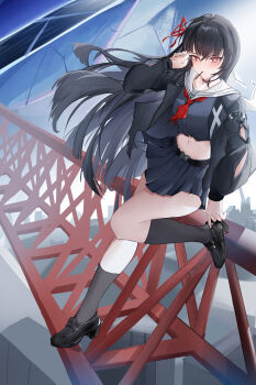 1girl absurdres arm_cutout black_hair black_jacket black_serafuku black_shirt black_shoes black_skirt black_socks blush breasts chisa_(wuthering_waves) clothing_cutout commentary food food_in_mouth hair_ribbon hand_up high_up highres jacket loafers long_hair long_sleeves looking_at_viewer medium_breasts midriff navel neckerchief pocky pocky_in_mouth red_eyes red_neckerchief red_ribbon ribbon richenjiuxiao sailor_collar school_uniform serafuku shirt shoes skirt socks solo thighs white_sailor_collar wind wuthering_waves