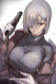 1girl absurdres black_eyes breasts brown_jacket closed_mouth commentary_request dokuro_deluxe earrings fiona_frost gloves grey_hair grey_sweater gun hair_over_one_eye handgun highres holding holding_clip_(weapon) holding_gun holding_weapon jacket jewelry large_breasts leather leather_jacket long_bangs long_sleeves looking_at_viewer one_eye_covered open_clothes open_jacket reloading ribbed_sweater short_hair solo spy_x_family stud_earrings sweater tight_clothes turtleneck turtleneck_sweater upper_body variant_set weapon white_background white_gloves