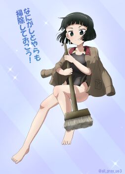 Rule 34 | 1girl, barefoot, black eyes, black hair, black one-piece swimsuit, blue background, blunt bangs, blunt ends, bob cut, broom, brown jacket, chi-hatan military uniform, closed mouth, commentary request, competition swimsuit, diagonal stripes, floating, frown, girls und panzer, haiiro purin, highres, holding, holding broom, jacket, jacket on shoulders, knee up, light blush, nishihara yasoko, one-piece swimsuit, partial commentary, short hair, solo, sparkle, striped background, swimsuit, translated, twitter username