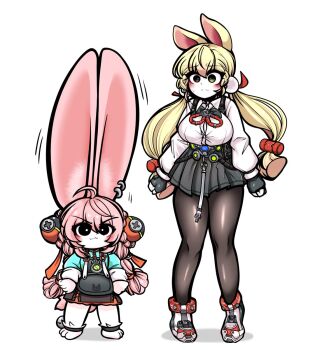 2girls ahoge alice_thymefield alternate_eye_color animal_ear_piercing animal_ears animal_feet anklet black_eyes black_gloves black_pantyhose blonde_hair blush braid braided_twintails breasts bright_pupils brown_eyes chest_bow chinese_clothes closed_mouth comically_large_ears commentary_request fingerless_gloves full_body furry furry_female gloves green_eyes green_shirt green_skirt hair_ornament heterochromia highres jewelry large_breasts long_hair low_twintails medallion motion_lines multiple_girls pantyhose pink_fur rabbit_ears rabbit_girl screw shirt shoes simple_background skirt sphere_hair_ornament sweatdrop twintails uncolorcube v-shaped_eyebrows white_background white_pupils white_shirt white_shoes zenless_zone_zero zhao_(zenless_zone_zero)