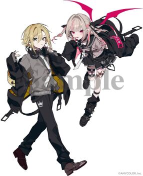 1boy 1girl :p ankle_belt armband belt black_belt black_choker black_jacket black_pants black_ribbon black_sailor_collar black_shoes black_skirt black_socks black_straps blonde_hair blunt_bangs blush brown_shoes buttons cardigan chain chest_harness choker closed_mouth collared_shirt colored_inner_hair commentary_request copyright_notice demon_wings drill_hair finger_to_mouth flipped_hair flying full_body green_eyes grey_cardigan grey_hair grey_shirt hair_between_eyes hair_intakes hair_over_shoulder hair_ribbon hands_up harness headphones headphones_around_neck heart heart_choker jacket layered_sleeves leaning_forward leg_tattoo long_hair looking_at_viewer loose_belt loose_socks makaino_ririmu miniskirt mochizuki_kei multicolored_hair multiple_thigh_straps neckerchief necktie nijisanji o-ring o-ring_thigh_strap off_shoulder official_alternate_costume official_art open_clothes open_jacket pants pink_hair pink_jacket pink_streaks platform_shoes pleated_skirt pointy_ears red_eyes red_wings ribbon safety_pin sailor_collar sample_watermark school_uniform serafuku shirt shoes short_hair short_sleeves sidelocks simple_background skirt sleeves_past_fingers sleeves_past_wrists smile socks streaked_hair tattoo thigh_strap tongue tongue_out two-sided_fabric two-sided_jacket two-tone_hair two_side_up uzuki_kou virtual_youtuber walking watermark white_background white_neckerchief white_necktie winged_heart winged_heart_tattoo wings yellow_jacket zipper zipper_pull_tab