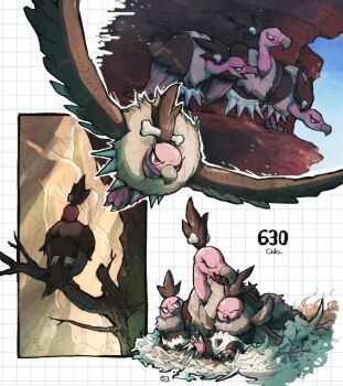 animal_focus bird bird_nest bone branch closed_eyes closed_mouth commentary_request evolutionary_line eyelashes flying gen_5_pokemon highres mandibuzz nintendo no_humans odo_7ta open_mouth pokedex_number pokemon pokemon_(creature) pokemon_focus red_eyes smile vullaby