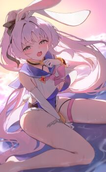 1girl absurdres animal_ears beach between_legs blue_one-piece_swimsuit blue_sailor_collar blush bow_swimsuit breasts chain chisei259 cleavage commentary crop_top cuffs dutch_angle elbow_gloves feet_out_of_frame frilled_one-piece_swimsuit frills gloves grey_eyes hair_intakes hand_between_legs hand_up highres large_breasts legs light_particles long_hair looking_at_viewer neckerchief ocean one-piece_swimsuit open_mouth outdoors pink_neckerchief ponytail purple_hair rabbit_ears sailor_collar sailor_one-piece_swimsuit shackles shia_(stella_sora) sitting solo stella_sora sunset swimsuit thigh_strap thighs very_long_hair wariza water wet white_gloves white_trim