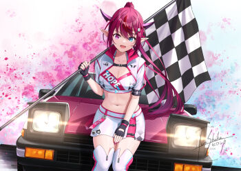 1girl :d adapted_costume bandeau black_gloves blue_eyes car checkered_flag clothes_writing commentary commission cropped_jacket english_commentary fang fingerless_gloves flag gloves hair_ornament hairclip heterochromia high_ponytail holding holding_flag hololive hololive_english horns irys_(hololive) irys_(race_queenrys)_(hololive) jacket long_hair looking_at_viewer miniskirt motor_vehicle navel on_car open_mouth pink_eyes pointy_ears ponytail popped_collar purple_hair short-sleeved_jacket short_sleeves sitting skirt skyrail smile solo stomach swept_bangs thighhighs toyota toyota_sprinter_trueno very_long_hair virtual_youtuber white_jacket white_skirt white_thighhighs