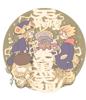 1boy 1girl blonde_hair character_request cheek_pinching circle commentary_request facial_mark green_background hat highres medjed_(monster_strike) money monster_strike pinching profile short_hair sitting smile sparkle takeuchi_ryousuke wide_sleeves