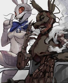1boy 1girl :d absurdres alpineping animal_costume animal_ears animatronic artist_name black_sclera blue_bow blue_bowtie bow bowtie buck_teeth burntrap chair cigarette colored_sclera commentary english_commentary eyelashes fake_animal_ears five_nights_at_freddy's five_nights_at_freddy's:_security_breach hand_up highres holding holding_cigarette on_chair open_mouth patchwork_clothes purple_eyes rabbit_costume rabbit_ears red_eyes simple_background sitting smile smoke smoking teeth twitter_username upper_teeth_only vanny_(fnaf) white_background