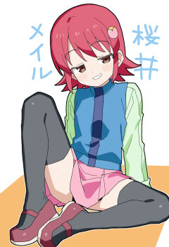 1girl black_thighhighs blue_vest blush brown_eyes highres matuo3232 mayl_sakurai_(mega_man) mega_man_(series) mega_man_battle_network_(series) miniskirt pink_skirt red_hair simple_background sitting skirt smirk solo thighhighs vest white_background