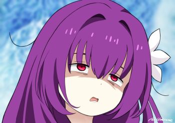 1girl exhausted fate/grand_order fate_(series) flower hair_flower hair_ornament meme purple_hair red_eyes scathach_(fate) scathach_skadi_(fate) scathach_skadi_(swimsuit_ruler)_(third_ascension)_(fate) scene_reference solo solo_focus umirunie white_flower