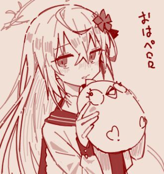 Rule 34 | 1girl, anonymous (japanese), azusa (blue archive), blue archive, crescent halo, crossed bangs, hair between eyes, halo, holding, holding stuffed toy, imageboard colors, long hair, lowres, peroro (blue archive), red theme, solo, stuffed toy