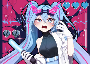 Rule 34 | 1girl, \||/, absurdres, belt, black-framed eyewear, black sweater, blue belt, blue eyes, blue hair, blue skirt, blush, breasts, broken heart, collarbone, commentary request, covered collarbone, crack, crossed bangs, crying, crying with eyes open, double-parted bangs, eyelashes, eyes visible through hair, gloves, goggles, goggles on head, haembokeyo, hair between eyes, half-closed eye, hands up, hatsune miku, heart, highres, holding, holding walkie-talkie, jacket, jacket partially removed, jigen tsuushin (vocaloid), lapels, leaning to the side, long hair, looking at viewer, medium breasts, open clothes, open jacket, open mouth, outside border, pillarboxed, pink-tinted eyewear, pink background, pixel art inset, rectangular eyewear, simple background, single bare shoulder, skirt, sleeveless, sleeveless sweater, sleeveless turtleneck, solo, straight-on, streaming tears, sweater, tears, teeth, three-quarter sleeves, tinted eyewear, traffic baton, transmission tower, tsurime, turtleneck, turtleneck sweater, twintails, uneven eyes, upper body, v-shaped eyebrows, very long hair, vocaloid, walkie-talkie, white gloves, white jacket, wide sleeves