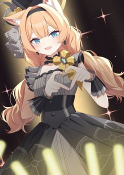 1girl animal_ear_fluff aqua_eyes black_dress black_headband black_overskirt blue_archive choker divergenceok dress flower fluffy_hair four-finger_heart_hands frilled_choker frills glowstick grey_dress grey_feathers halo hat hat_flower headband heart heart_hands highres idol idol_clothes looking_at_viewer mari_(blue_archive) mari_(idol)_(blue_archive) mini_hat mini_top_hat open_mouth orange_hair ribbon rose smile solo top_hat twintails wrist_wrap yellow_flower yellow_halo yellow_ribbon yellow_rose