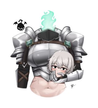 1girl absurdres armor blue_fire blush breasts closed_mouth commentary cropped_torso disembodied_head double-parted_bangs dullahan fire gauntlets hair_between_eyes highres holding holding_detached_head large_breasts looking_at_viewer midriff navel original scar scar_on_stomach short_hair simple_background solo white_background white_hair yukaraishin