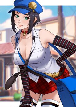 1girl armpit_crease bag bare_shoulders black_hair black_necktie blue_sky blurry blurry_background blush breasts building checkered_clothes checkered_skirt choker cleavage closed_mouth cloud cloudy_sky collarbone collared_shirt commentary cowboy_shot elbow_gloves fingerless_gloves gloves green_eyes hand_on_own_hip highres ikhwan_maulana large_breasts leaning_forward lips lock looking_at_viewer marie_(persona_4) miniskirt necktie outdoors partially_unbuttoned persona persona_4 persona_4_the_golden pink_lips pleated_skirt red_choker red_skirt shirt short_hair shoulder_bag sidelocks skirt sky sleeveless sleeveless_shirt solo striped_clothes striped_gloves striped_thighhighs thighhighs white_shirt white_thighhighs zettai_ryouiki