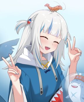 1girl absurdres animal_costume bloop_(gawr_gura) blue_hair blue_hoodie closed_eyes double_v ebi-chan_(gawr_gura) fins fish_tail gawr_gura gawr_gura_(1st_costume) highres hololive hololive_english hood hoodie liu_han looking_at_viewer medium_hair multicolored_hair open_mouth shark_costume shark_girl shark_tail sharp_teeth streaked_hair tail teeth v virtual_youtuber white_hair