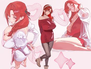 1girl absurdres adjusting_hair alternate_costume apron arms_behind_back barefoot black_choker black_pantyhose boots bow breasts choker cleavage commentary covered_erect_nipples dress english_commentary from_above full_body goddess_of_victory:_nikke grin hair_bow hair_ornament hair_over_shoulder hairband head_tilt highres hintobento huge_breasts juliet_sleeves long_hair long_sleeves looking_at_viewer looking_to_the_side multiple_views nightgown off_shoulder open_clothes open_shirt paid_reward_available pantyhose pink_apron plunging_neckline puffy_sleeves rapi_(nikke) red_dress red_eyes red_hair red_nightgown see-through_clothes seiza sitting slippers smile standing tying_apron white_dress white_hairband