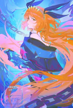 1girl arknights black_capelet black_gloves black_ribbon brown_hairband capelet chain e.g.o_(project_moon) fish gloves green_eyes hair_ribbon hairband highres ishmael_(project_moon) limbus_company long_hair off-shoulder_capelet orange_hair project_moon ribbon rope sidelocks sin_82 solo tidal_elegy_(e.g.o) underwear very_long_hair water