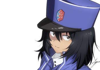 Rule 34 | 1girl, andou (girls und panzer), ashiwara yuu, bc freedom (emblem), bc freedom military uniform, black hair, brown eyes, commentary request, dark-skinned female, dark skin, diagonal-striped clothes, diagonal-striped necktie, dress shirt, emblem, girls und panzer, hat, high collar, kepi, long sleeves, looking at viewer, medium hair, messy hair, military, military hat, military uniform, necktie, official style, shirt, signature, simple background, smile, solo, striped clothes, white background, white shirt