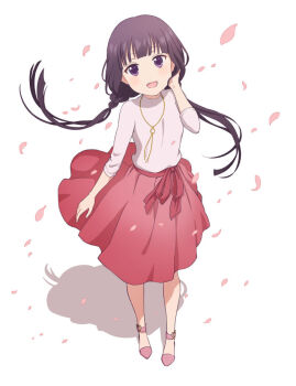 1girl alternate_costume apron blend_s blunt_bangs long_hair looking_at_viewer low_twintails pink_shirt purple_eyes purple_hair sakuranomiya_maika shirt skirt smile solo twintails ushio_(0632cd-0729jf) very_long_hair