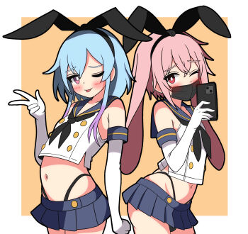 2boys ;) absurdres animal_ear_hairband animal_ears ansel_(arknights) arknights bare_shoulders black_neckerchief black_panties blue_hair blue_sailor_collar blue_skirt blush cellphone closed_mouth colored_tips commentary_request cosplay cowboy_shot cropped_shirt crossdressing crossdressing_(mtf) elbow_gloves extra_ears fake_animal_ears gloves hairband hand_up hendra highleg highleg_panties highres holding holding_phone kantai_collection looking_at_viewer lop_rabbit_ears male_focus mask microskirt midriff miniskirt mirror_selfie mizuki_(arknights) mouth_mask multicolored_hair multiple_boys multiple_traps navel neckerchief one_eye_closed orange_background panties panty_straps phone pink_hair puffy_male_chest purple_eyes purple_hair rabbit_boy rabbit_ear_hairband rabbit_ears red_eyes red_thighhighs sailor_collar sailor_shirt school_uniform selfie serafuku shimakaze_(kancolle) shimakaze_(kancolle)_(cosplay) shirt short_hair short_hair_with_long_locks signature simple_background skirt sleeveless sleeveless_shirt smartphone smile striped_clothes striped_thighhighs thighhighs tongue tongue_out trap underwear white_gloves white_shirt