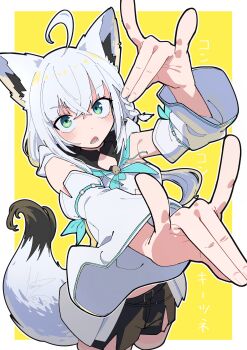 1girl absurdres animal_ear_piercing animal_ears aqua_eyes aqua_neckerchief black_shorts border braid commentary_request cropped_legs crossed_bangs detached_sleeves foreshortening fox_ears fox_girl fox_shadow_puppet fox_tail front_slit hands_up hanten_(hantennano) highres hololive hood hood_down hooded_vest hoodie long_hair looking_at_viewer lower_teeth_only neckerchief open_mouth outside_border shirakami_fubuki shirakami_fubuki_(1st_costume) shirt short_shorts shorts side_braid sidelocks signature solo standing strapless strapless_shirt tail teeth vest virtual_youtuber white_border white_hair white_shorts white_sleeves white_vest yellow_background
