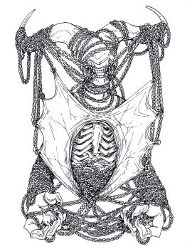 1other arms_at_sides body_horror body_modification body_piercings chain chain_around_arm chain_around_neck cropped_torso entangled exposed_bone facing_viewer fingernails forced_smile ghostgods gums hatching_(texture) highres horns horror_(theme) lineart monster nib_pen_(medium) no_eyes no_nose open_mouth original other_focus pen_(medium) sharp_fingernails simple_background skeletal_body solo surreal teeth too_many_chains traditional_media