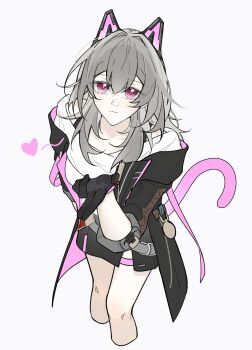 1girl :3 alternate_color alternate_eye_color animal_ears belt black_gloves black_jacket black_skirt breasts cat_ears cat_tail chain collarbone commentary_request cowboy_shot eyelashes fake_animal_ears fake_tail gloves gold_chain grey_belt grey_hair hair_between_eyes hand_on_own_hip hand_up heart highres honkai:_star_rail honkai_(series) jacket lapels long_hair long_sleeves looking_at_viewer medium_breasts miniskirt open_clothes open_jacket pink_eyes pink_jacket pocket_watch shirt sidelocks sinn_syuu skirt smile solo standing stelle_(honkai:_star_rail) t-shirt tail tassel thigh_strap trailblazer_(honkai:_star_rail) two-sided_fabric two-sided_jacket watch white_shirt