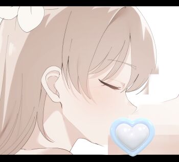 2girls blonde_hair breast_sucking breasts censored closed_eyes commentary commission flower from_side hair_flower hair_ornament heart heart_censor highres large_breasts long_hair mosaic_censoring multiple_girls portrait profile sakura_no_sekai simple_background skeb_commission tsuruse utsumi_sakura white_background white_flower yuri