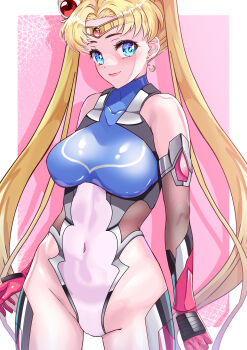1girl absurdres arion_canvas bishoujo_senshi_sailor_moon blonde_hair blue_eyes breasts covered_navel double_bun elbow_gloves gloves hair_bun highres large_breasts long_hair looking_at_viewer sailor_moon smile solo taimanin_(series) taimanin_suit tsukino_usagi twintails very_long_hair