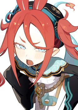 1girl aegyo_sal black_hat black_sleeves blue_eyes blue_tail breasts chinese_clothes chixia_(stella_sora) close-up commentary_request cowboy_shot double-parted_bangs dragon_girl dress eastern_dragon_tail embroidery fanged_bangs fire flame-tipped_tail flipped_bangs forehead from_above furisode_sleeves hands_on_own_hips hat highres leaning_forward light_blush long_hair long_sleeves looking_at_viewer open_mouth pantyhose partial_commentary pelvic_curtain pointy_ears red_hair rope rotroto sharp_teeth short_dress short_eyebrows side_slit sidelocks simple_background small_breasts solo stella_sora tail tail_raised teeth tsurime twintails upper_teeth_only v-shaped_eyebrows white_background white_dress white_pantyhose wide_sleeves yunjian