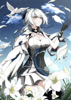 1girl absurdres bird black_dress black_gloves breasts bronya_zaychik bronya_zaychik_(silverwing:_n-ex) cleavage cloud dress drill_hair floating_hair flower fuji4o gloves grey_eyes hand_up highres honkai_(series) honkai_impact_3rd large_breasts long_hair outdoors sky solo standing thighhighs white_bird white_flower white_hair white_thighhighs