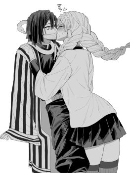 1boy 1girl 2ixkl18968 bandage_on_face bandages bandages_over_mouth belt blush commentary_request demon_slayer_uniform greyscale heart hetero highres iguro_obanai japanese_clothes kimetsu_no_yaiba kiss korean_commentary long_hair long_sleeves monochrome pants pleated_skirt skirt snake striped_clothes striped_thighhighs sweat thighhighs translation_request